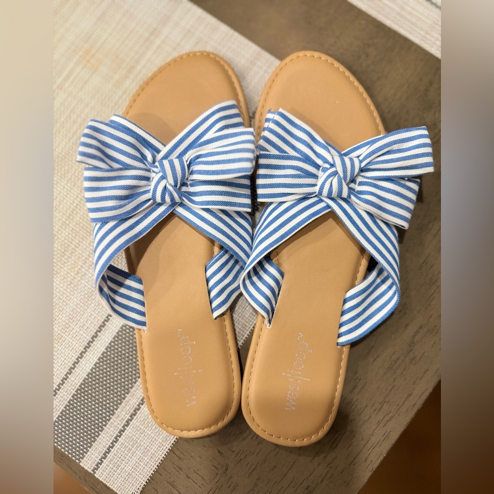 Women’s West Loop Blue & White Stripe Bow Flat Slide Sandals Size Medium 7/8